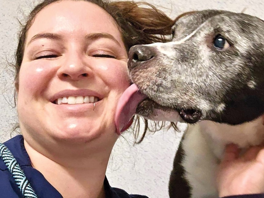 Employee Nichole with a dog in our care at Placer SPCA Adoption & Education Center. Impact